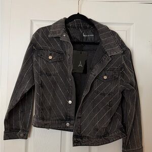 Maniere De Voir Oversized Rhinestone Denim Jacket - Washed Grey